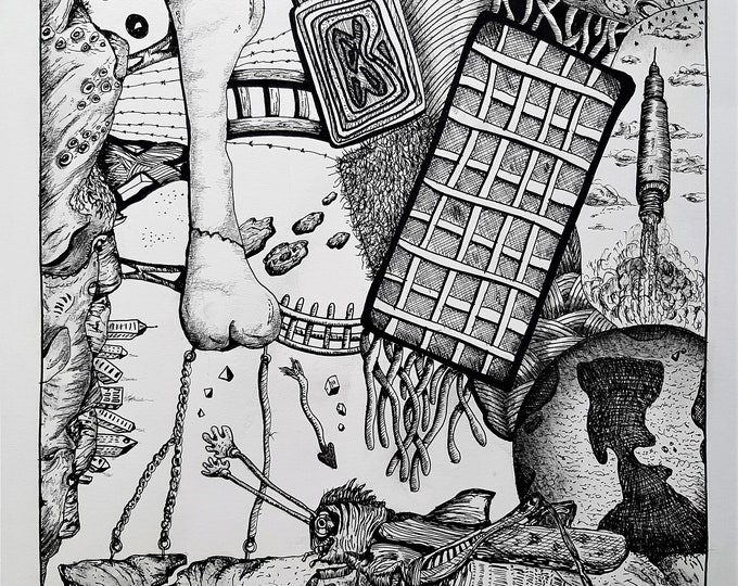 Drawing, original art with grasshopper