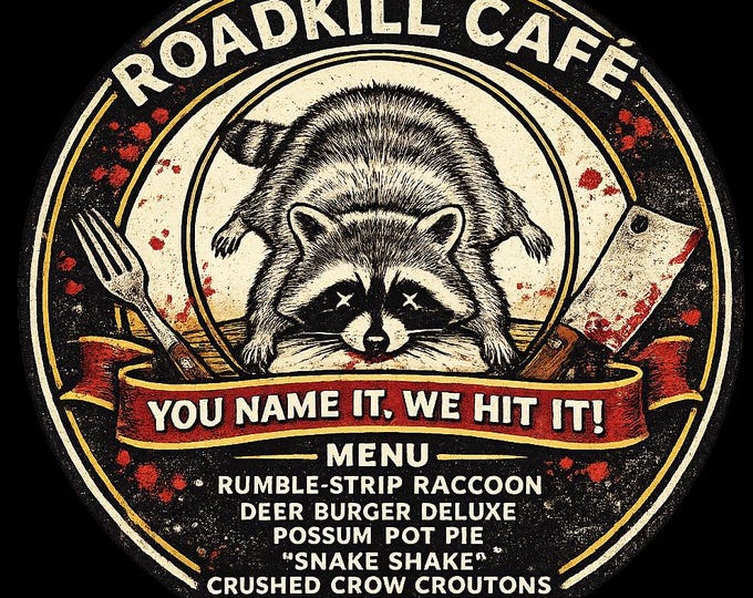 Roadkill Cafe T-Shirt, Vintage Diner Badge Tee, Dark Humor Raccoon Graphic