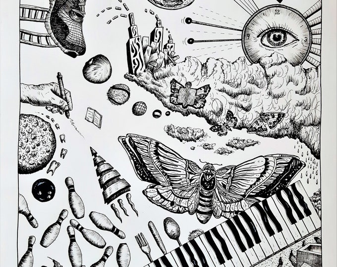 Art, original drawing with keyboard and butterflies