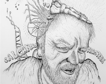 Original Self Portrait, pen and ink drawing, broke my ankle
