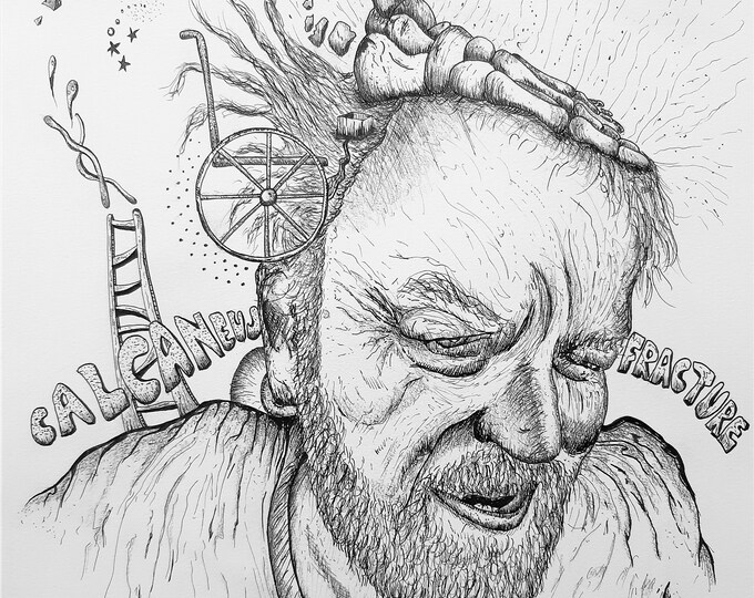 Self portrait, pen and ink drawing, broke my ankle