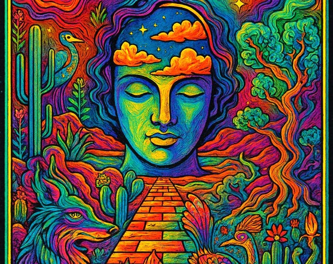 Psychedelic Desert Dream T-Shirt / Cosmic Southwest Art with Coyote & Roadrunner