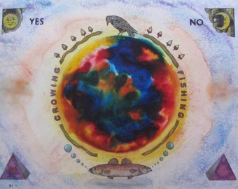 Pintura original en acuarela con tablero Ouija, cuervo y pez.