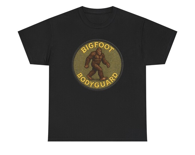 Bigfoot Bodyguard Tee | Sasquatch Patch Graphic Shirt Funny New Occupation in the Woods