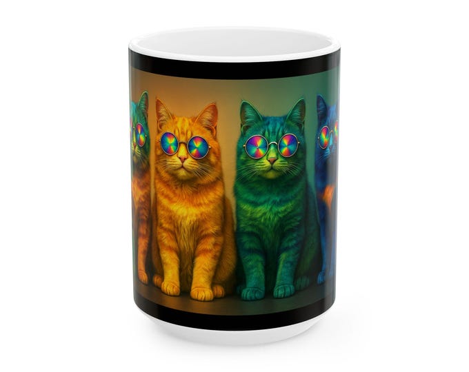 Rainbow Psychedelic Cats Mug | 1960s Style Coffee Cup