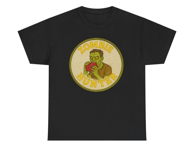 Zombie Hunter Tee | Retro Badge, Zombie Eating Brain Graphic