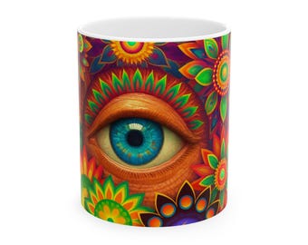 Psychedelic Third Eye Mandala Mug /Visionary Art Coffee Cup / Colorful Spiritual Eye Design / 15oz Ceramic Mug