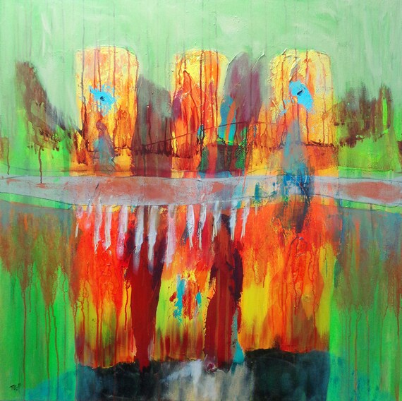 オリジナル抽象アクリル画：カラフルな森の風景、40x40 - Etsy 日本
