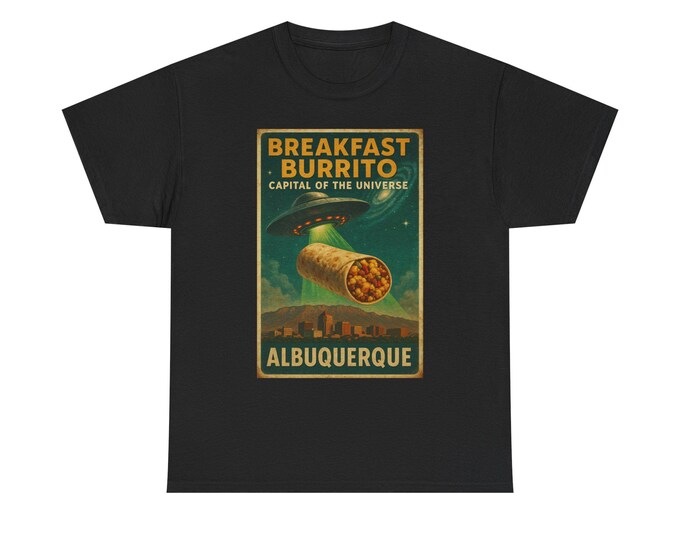 Albuquerque Breakfast Burrito T-Shirt | Retro UFO breakfast design Neww Mexico Green Chili