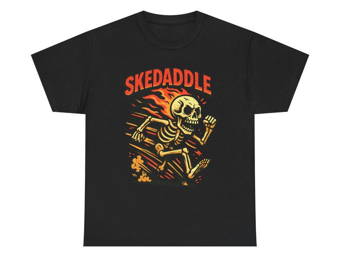 Skedaddle Flaming Skeleton Running Tee | Retro Skate Skull Illustration