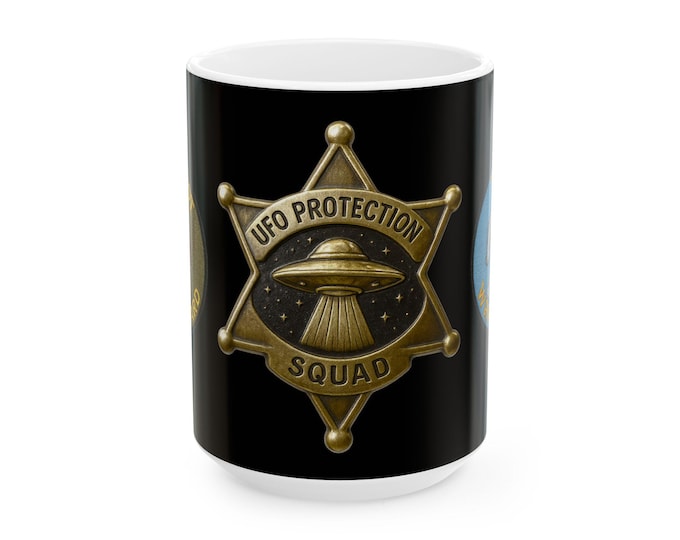 UFO Protection Squad badge Mug | Bigfoot and Yeti Monsters Badges Funny