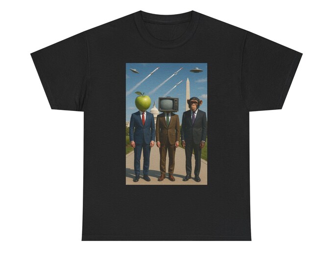 Surreal Figures Tee with TV Head, Chimp Head and Apple Head / Washington Insiders Portraits