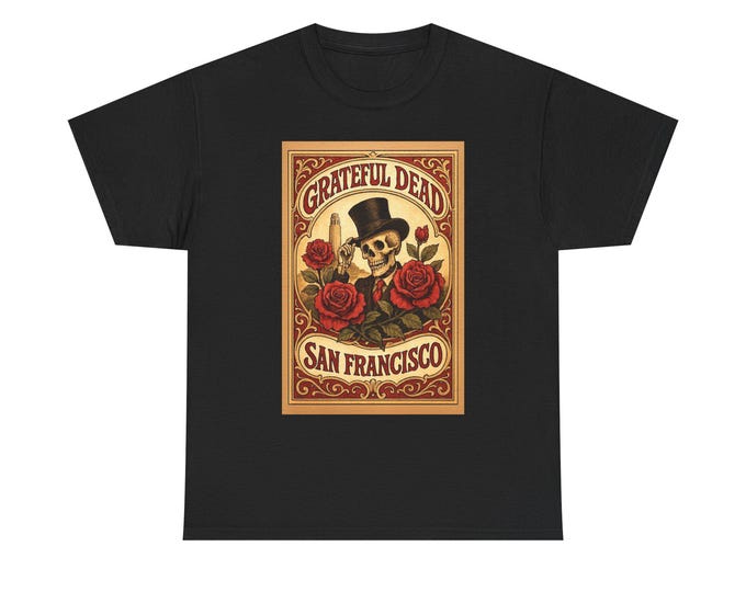 Dead Skull with Red Flowers Tee | San Francisco Fillmore Handbill Concert Poster Style