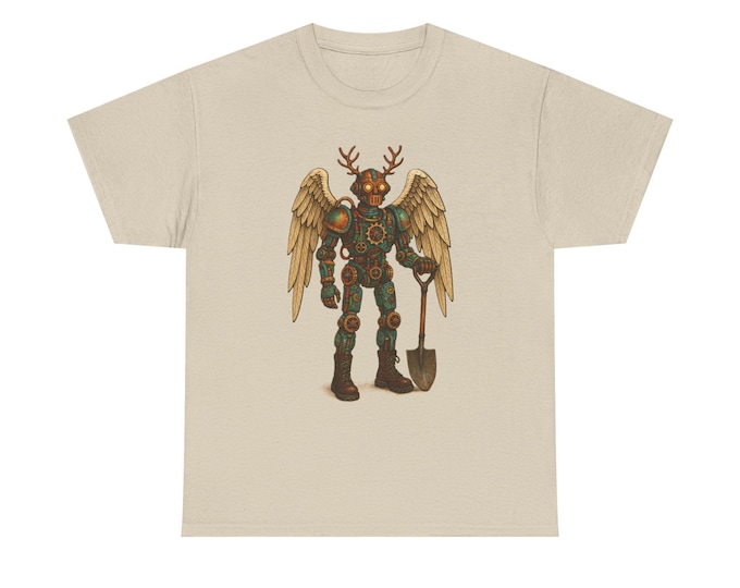 Steampunk Forest Guardian robot with antlers and wings Tee | mechanical deer warrior design
