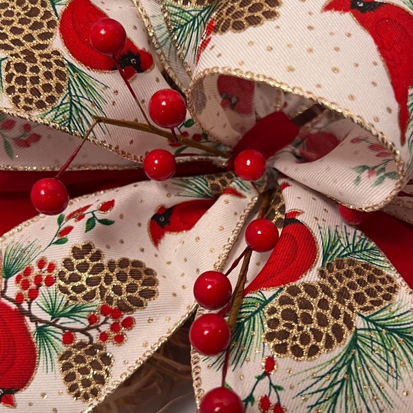 Christmas/Cardinals print /Red velvet /tree topper/Red berries / Lantern Bow/tear drop Bow/ Mantle Bow / Gift Box Bow / Wreath Bow/stairway