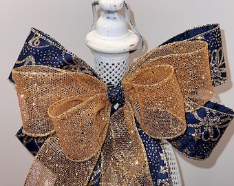 Elegante blauwe en gouden kerststrik - Premium glitterlintaccent voor menora's, kransen en kandelaars - handgemaakt feestelijk decor