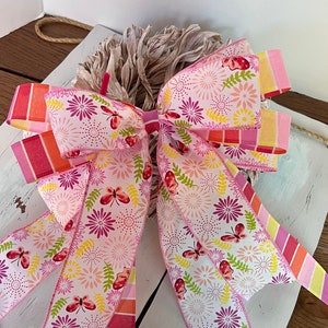 Beautiful colorful Butterfly Spring and Summer Mothers Day Floral Ribbon Wreath Bow, Lantern, and Gift Wrapping Butterfly Ribbon Bow