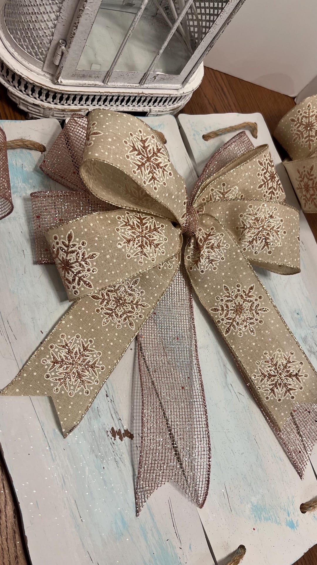 Rose Gold Snowflakes Christmas Bow, Glitter Mesh Ribbon - Etsy