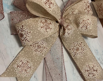 Roségouden sneeuwvlokken kerststrik, glitter mesh lint