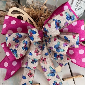 Butterfly&#39;s Spring Summer Mothers Day Floral Ribbon Bow for Wreath, Lantern, Gift, and Decor - Butterfly Themed Decorative Bow for your mom