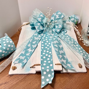 Beautiful pearl beads Blue Butterfly Spring and Summer Mothers Day Floral Ribbon Wreath Bow, Lantern, and Gift Wrapping Butterfly Ribbon Bow
