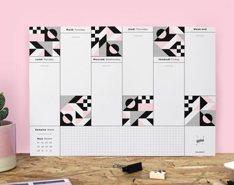 Black Pink Weekly Desk Planner Pad, Beautiful Weekly Planner Pad, A4 Graphic Organizer, A4 Desk Pad Geometric Shapes, Pink Weekly Pad