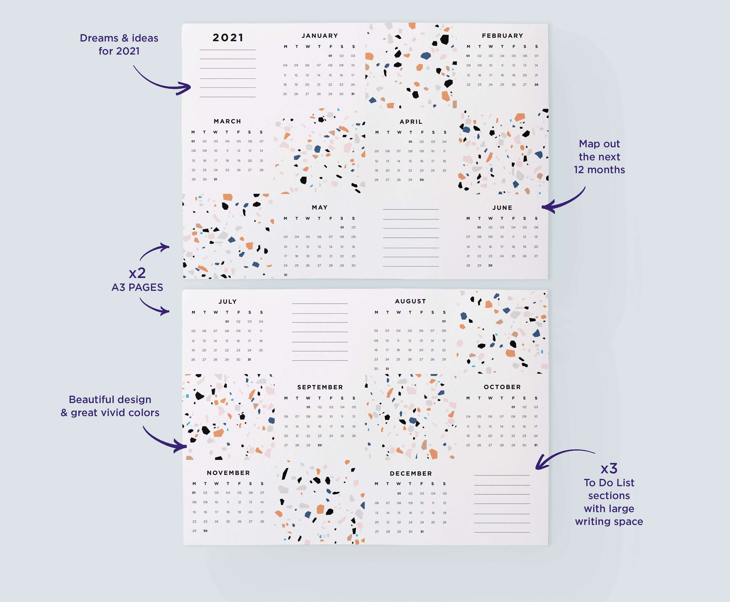 2021 Wall Calendar 2021 Terrazzo Calendar 2021 Cute Etsy