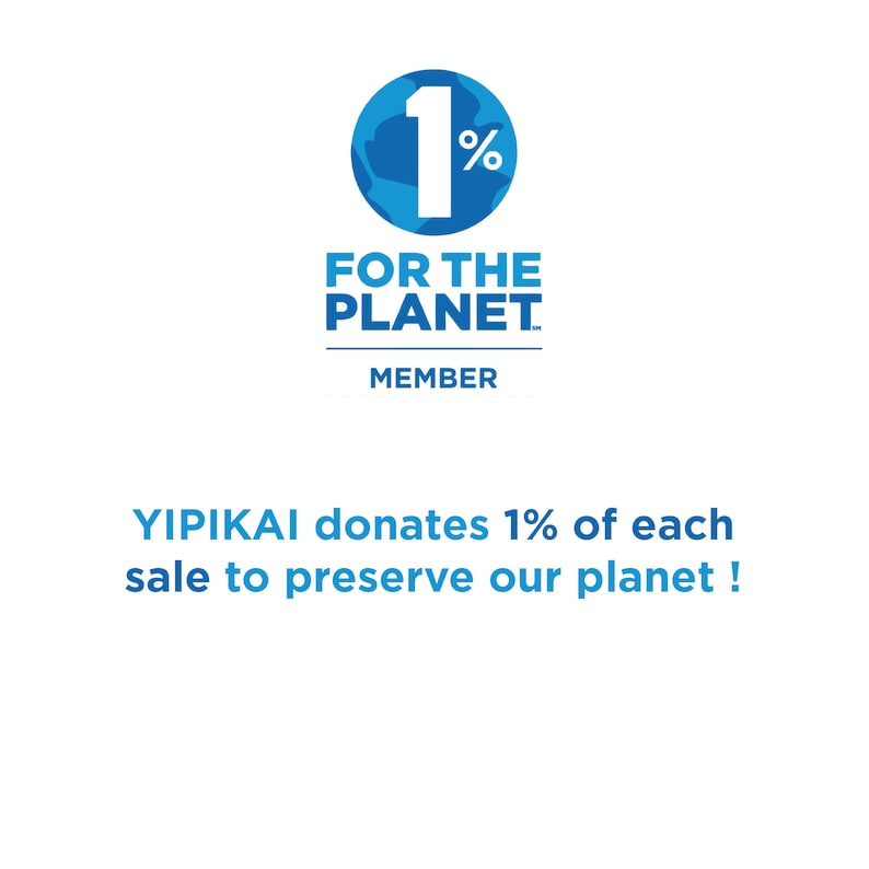 May include: A blue logo with a globe and the text "1% FOR THE PLANET MEMBER". The text below the logo reads "YIPIKAI donates 1% of each sale to preserve our planet!"