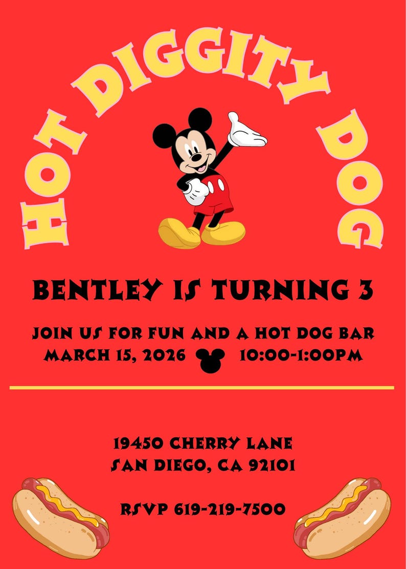 Hot Diggity Dog Mickey Mouse Birthday Invitation - Etsy