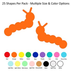 May include: Two orange caterpillar shapes, each with six segments, are shown against a white background. Below the shapes are color swatches in red, orange, yellow, green, blue, purple, teal, pink, ocean blue, light blue, light yellow, mint green, light pink, brown, black, light gray, and white.