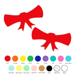 May include: Two red bow shapes are displayed on a white background. Below the bows are color swatches labeled with various colors, including red, orange, yellow, green, blue, purple, teal, pink, and ocean blue.