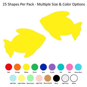 May include: Two yellow fish-shaped cutouts with the text 25 Shapes Per Pack - Multiple Size & Color Options at the top. Below are 17 colored circles labeled Red, Orange, Yellow, Green, Blue, Purple, Teal, Pink, Ocean Blue, Light Blue, Light Yellow, Mint Green, Light Pink, Brown/Kraft, Black, Light Gray, and White.