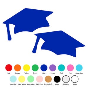 May include: Two blue graduation caps, one on top of the other, against a white background.
