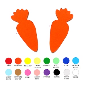 May include: Two orange felt carrot shapes, one on the left and one on the right, against a white background. Below the carrots are color swatches in red, orange, yellow, light yellow, green, mint green, blue, ocean blue, light blue, natural brown, pink, light pink, purple, black, light gray, and white.