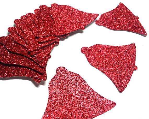 12 Pack Red Glitter Bell Shapes, Holiday Glitter Cardstock Shapes