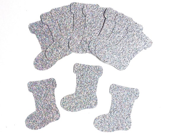 12 Pack Silver Glitter Stocking Shapes, Holiday Glitter Cardstock Shapes,  Silver Stocking Shape, Christmas Die Cut Shapes 