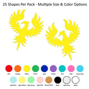 May include: A pack of 25 yellow paper cutouts of a phoenix bird. The image shows a color chart with 12 different colors: red, orange, yellow, green, blue, purple, teal, pink, ocean blue, light blue, light yellow, and mint green. The image also shows a color chart with 6 different colors: light pink, brown/kraft, black, light gray, and white.