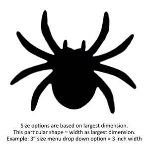 May include: Black silhouette of a spider with eight legs. The spider is facing forward with its legs spread out. The spider is a simple, flat design.
