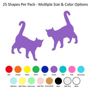 May include: A pack of 25 purple cat silhouette shapes. The shapes are available in a variety of colors, including red, orange, yellow, green, blue, purple, teal, pink, ocean blue, light blue, light yellow, mint green, light pink, brown/kraft, black, light gray, and white.