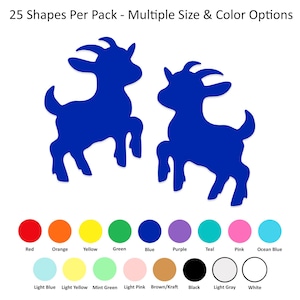 May include: Two blue goat silhouette shapes, each with a different pose. The shapes are part of a pack of 25 shapes, available in multiple sizes and colors. The colors include red, orange, yellow, green, blue, purple, teal, pink, ocean blue, light blue, light yellow, mint green, light pink, brown/kraft, black, light gray, and white.
