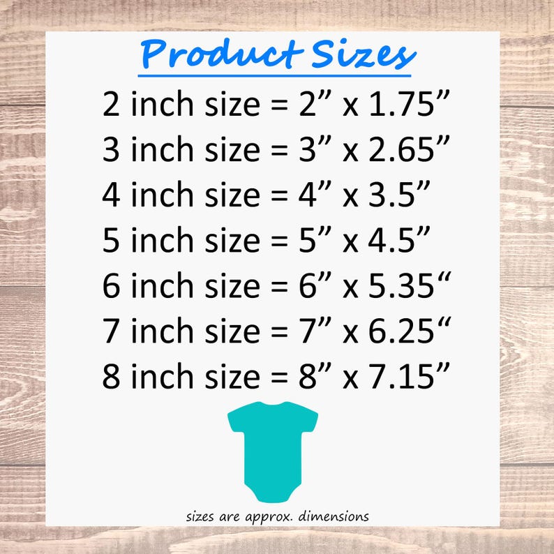 May include: A chart showing the different sizes of a product, with measurements in inches. The chart shows the width and height of the product for each size, from 2 inches to 8 inches. The chart is on a wooden background.