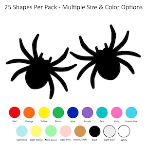 May include: Two black spider-shaped cutouts are displayed above a color chart featuring 17 circular swatches labeled Red, Orange, Yellow, Green, Blue, Purple, Teal, Pink, Ocean Blue, Light Blue, Light Yellow, Mint Green, Light Pink, Brown/Kraft, Black, Light Gray, and White. The text 25 Shapes Per Pack - Multiple Size & Color Options is at the top.