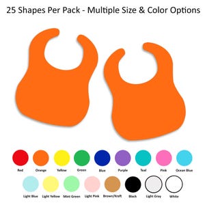 May include: Two orange silicone bibs with a rounded shape and a neck opening. The bibs are shown against a white background. Below the bibs is a color chart with 12 different colors, including red, orange, yellow, green, blue, purple, teal, pink, ocean blue, light blue, light yellow, mint green, light pink, brown/kraft, black, light gray, and white.