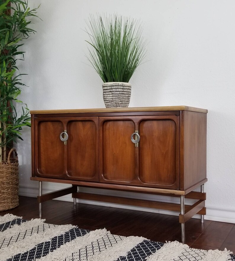 Vintage Mid Century Walnut Low Profile Credenza Cabinet Table Etsy