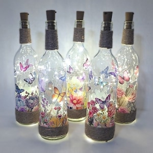 x2 Flowers & Butterflies Light Up Wine Bottle, Wine Bottle Lights, Wedding Centerpiece, Lighted Centerpiece, Battery Powered, Handmade Gift