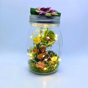 Handmade Lighted Up Fairy Garden, Tiger, Mason jar lights, lantern, fairy lights, Fairy Jar, Centerpiece, Unique Gift, Battery Powered