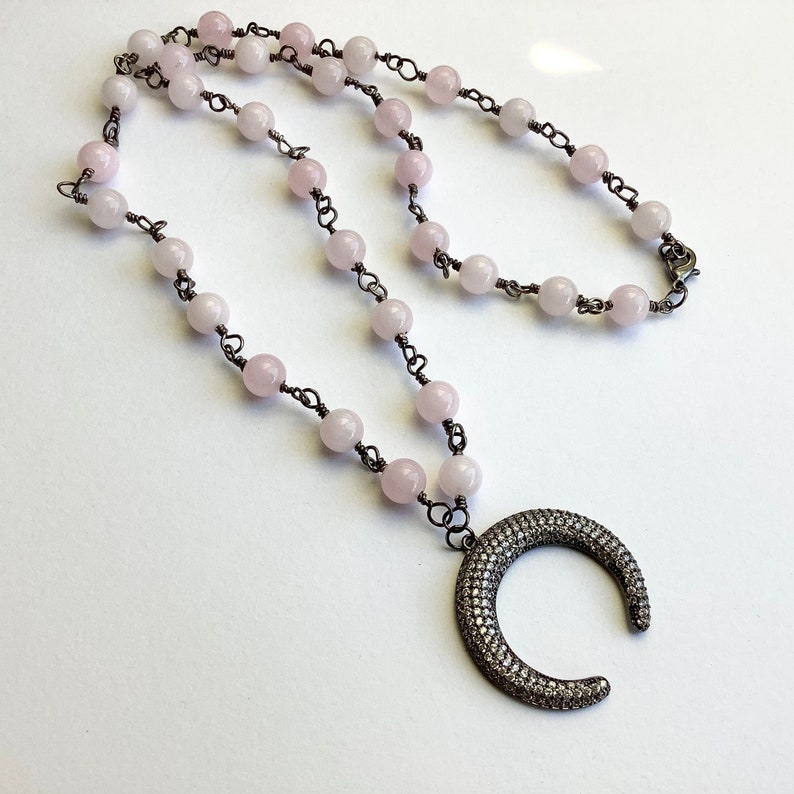 CZ Micro Pave Pendant Gunmetal Chain Pink Jade Rosary Chain Necklace Horn Mother/'s Day Gift Beaded Necklace Gift for Heart