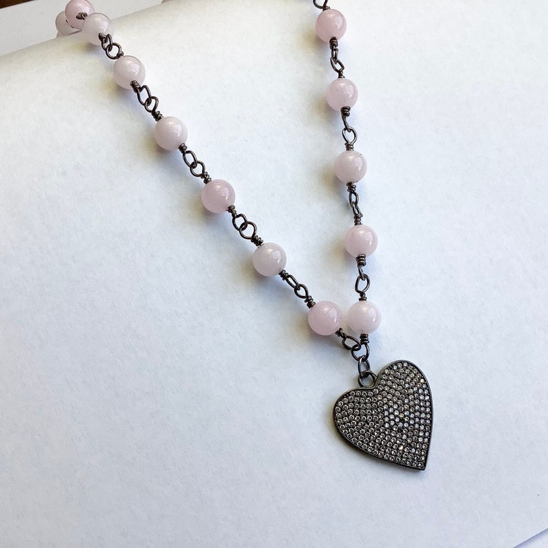 CZ Micro Pave Pendant Gunmetal Chain Pink Jade Rosary Chain Necklace Horn Mother/'s Day Gift Beaded Necklace Gift for Heart