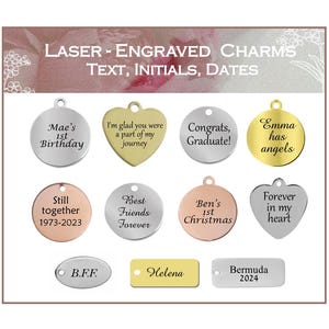 Personalized TEXT Charm, Tag, Round, Rectangle, Heart, Custom Laser Engraved, Name, Initials, Date, Stainless Steel, Gold, Rose Gold, Silver