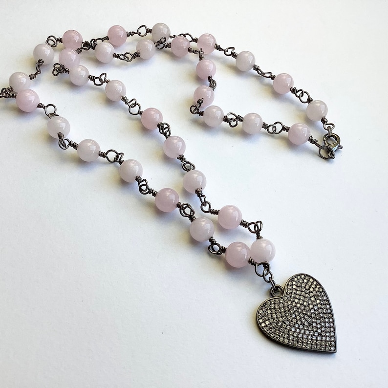 CZ Micro Pave Pendant Gunmetal Chain Pink Jade Rosary Chain Necklace Horn Mother/'s Day Gift Beaded Necklace Gift for Heart